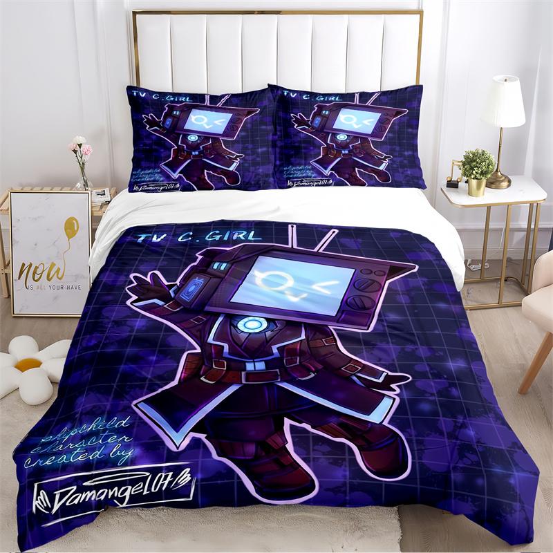 Red Robot Speaker Head Print Bedding Set, Sci-Fi Cartoon Character Bed Linen(1 * duvet cover + 2 * pillowcase, without core)