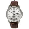 Standard Analog Brown Leather Strap Silver Dial Quartz MTP-V004L-7C Men's Watch
