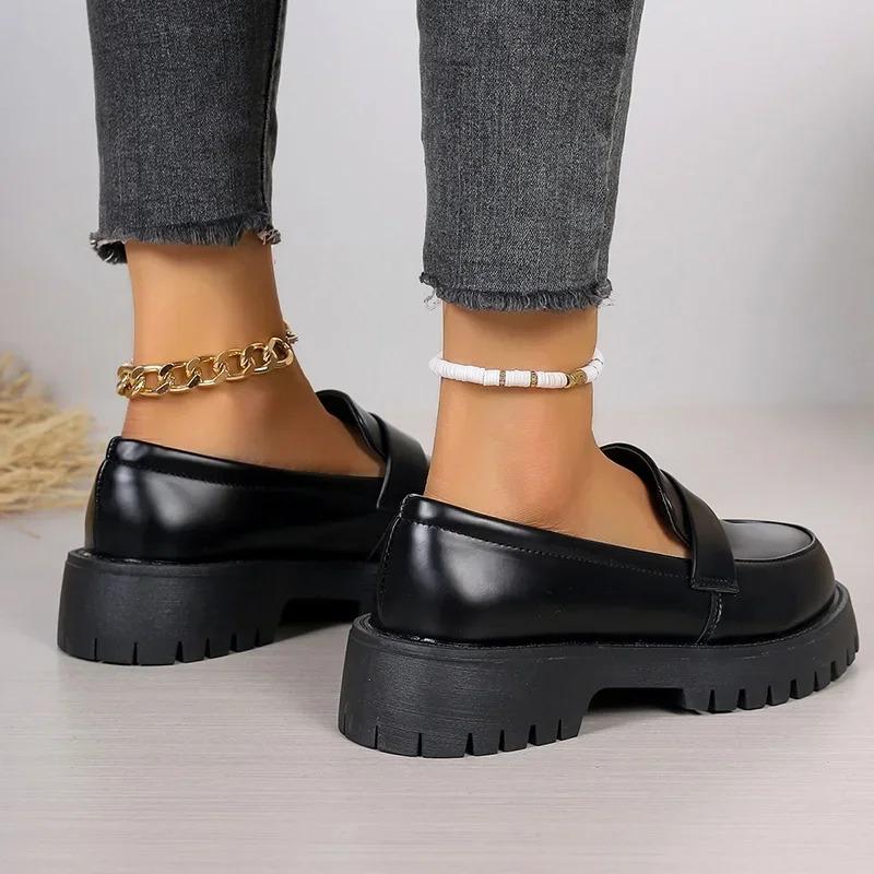 Fashion British Style Platform Loafers Women 2024 Plus Size Round Toe Single Shoes Woman Thick Bottom Pu Leather Shoes Mujer