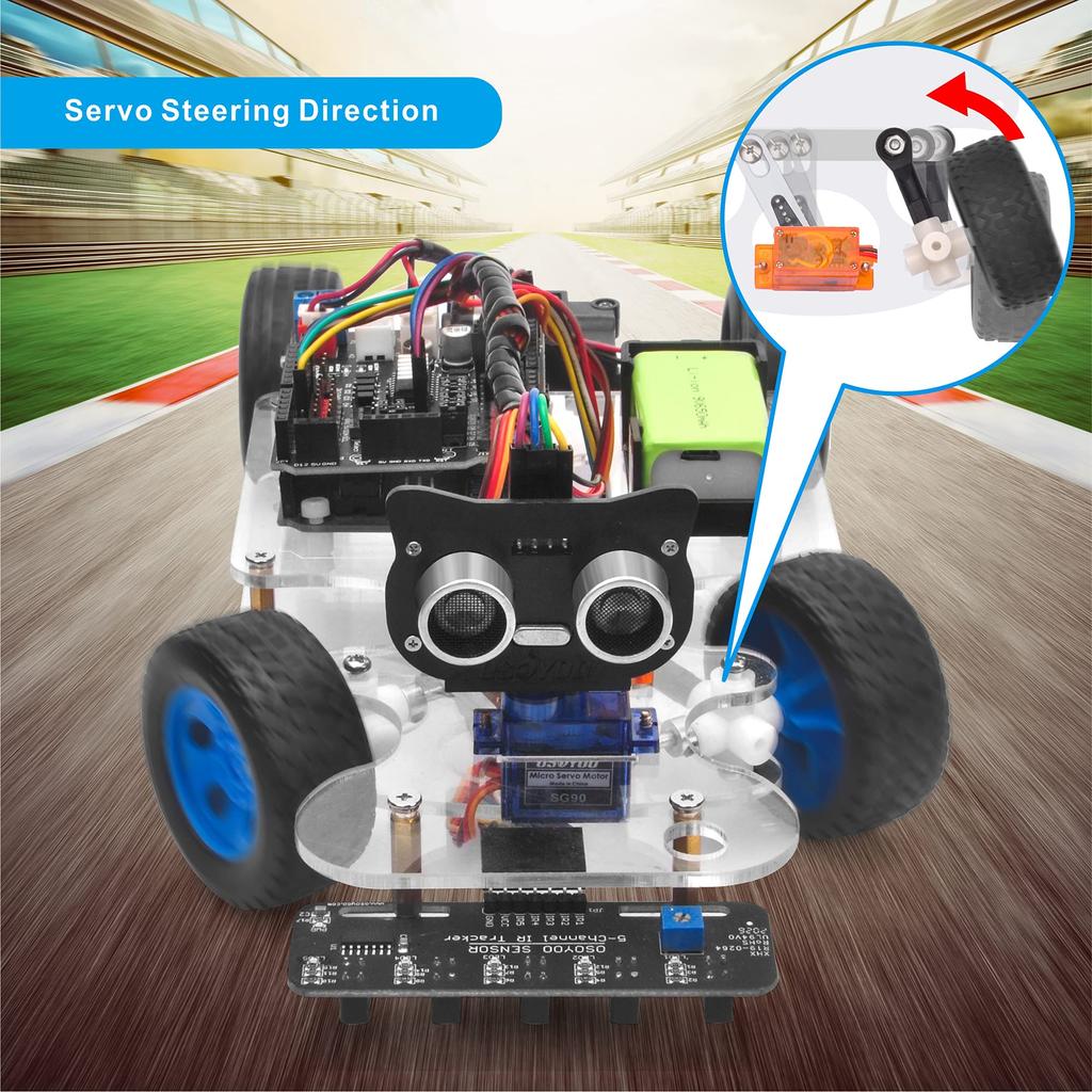 OSOYOO Arduino UNO Robot Car Smart Car Kit with Servo Steering Rack, DIY Kit, Bluetooth, Wi-Fi, IOT, Autodrive, C++, and Computer Programming