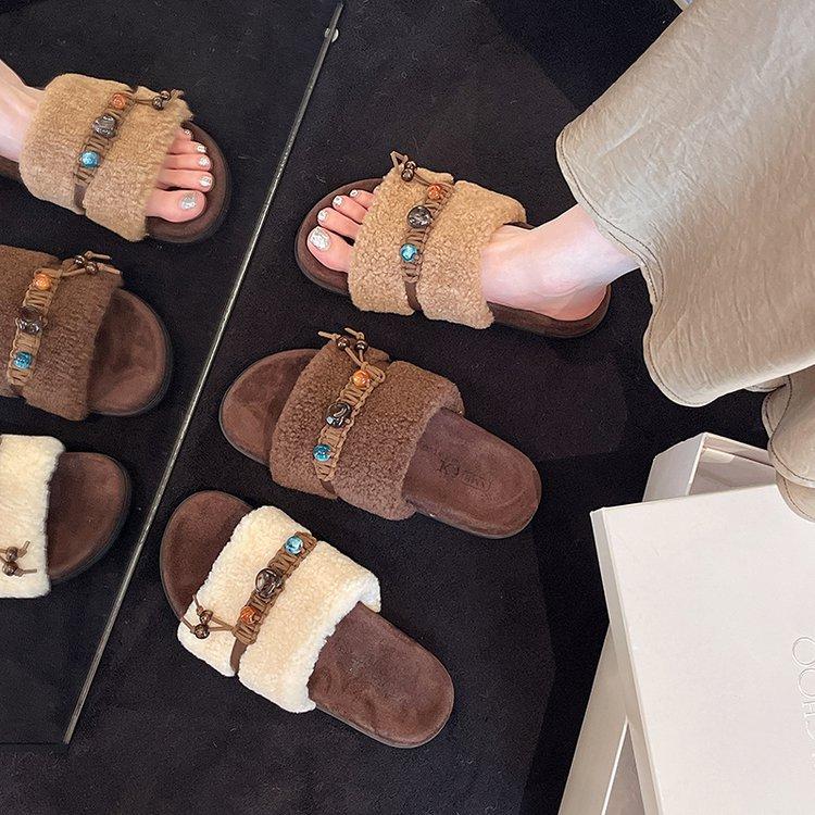 2025 new tassel woven beaded thick-bottomed open-toed slippers women's fashion wear cross-strapped sandals