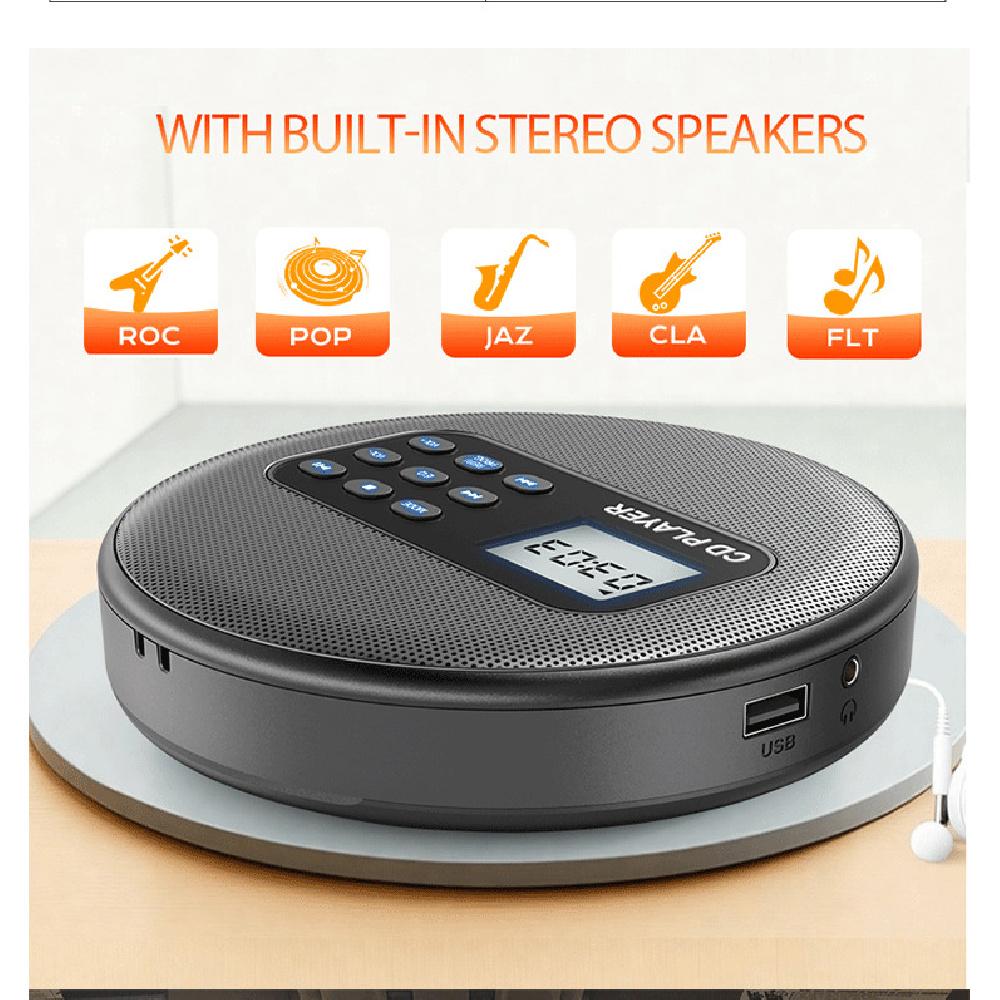 Портативный CD-плеер со встроенными стереодинамиками, Bluetooth 5.1, перезаряжаемая батарея 1500 мАч, поддержка воспроизведения CD/MP3/USB, защита от скачков, настройки эквалайзера