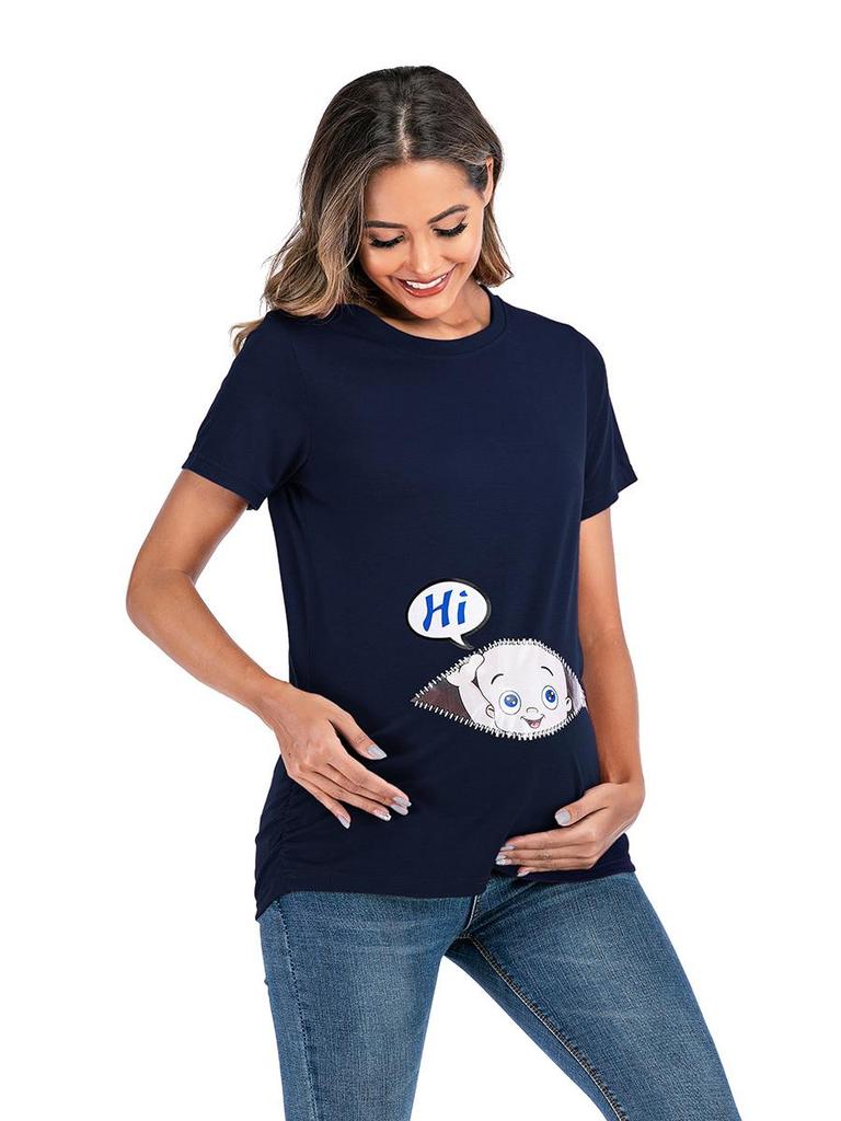 European & American Style Maternity Printed T-Shirt (Round Neck, Short Sleeve)