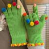 Korean Style Full Finger Mittens Colorful Hairball Cycling Driving Gloves Knitting Gloves  Outdooor