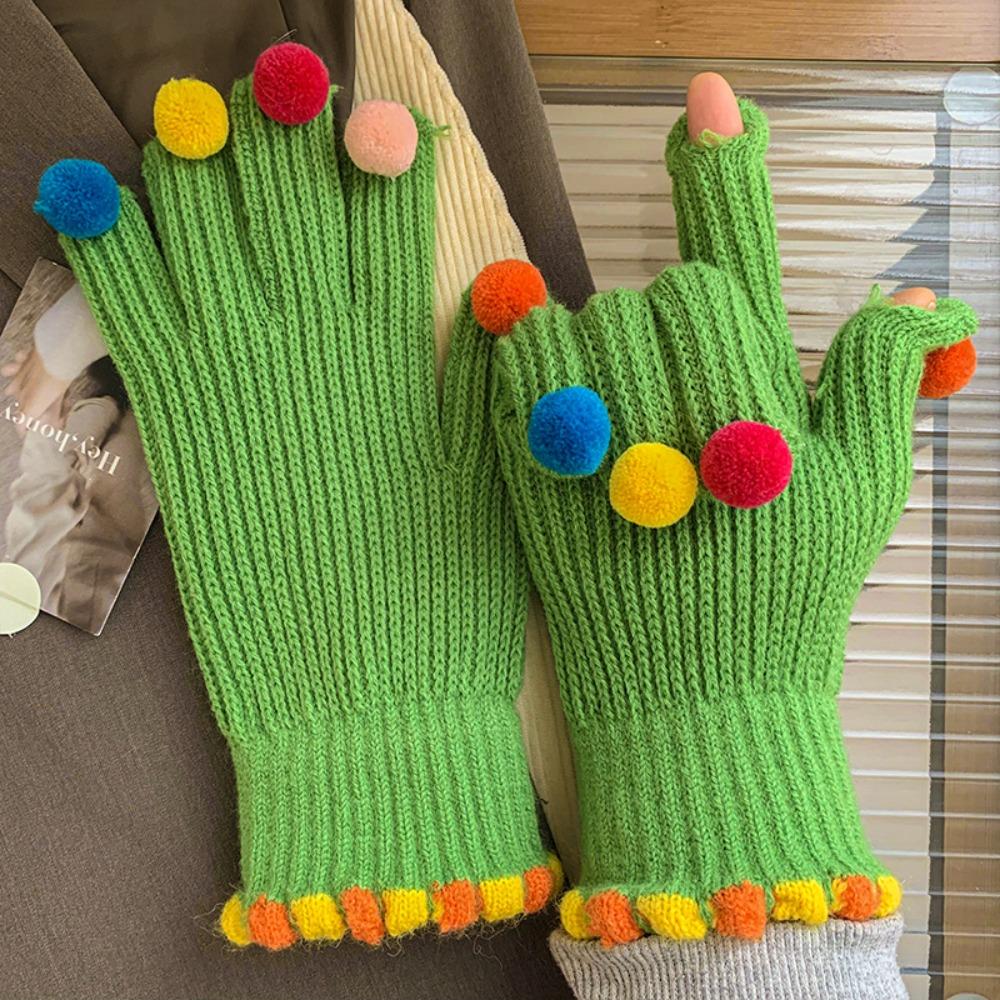 Korean Style Full Finger Mittens Colorful Hairball Cycling Driving Gloves Knitting Gloves Outdooor