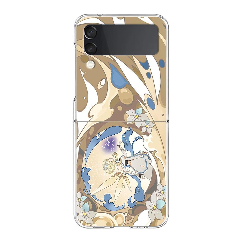 Genshin Impact Cartoon Logo For Samsung Galaxy Z Flip 3 4 5 Hard Folding Clear PC Phone Case For Samsung Z Flip3 Cover Bumper