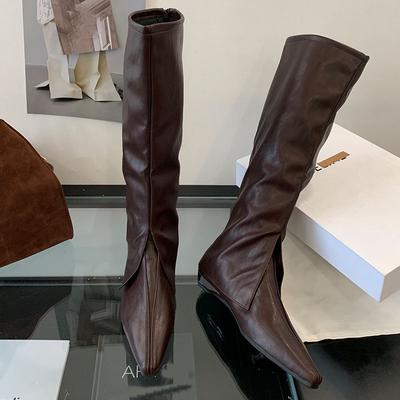 Мода Новая Мода Острый Носок Женские Сапоги До Колена На Низком Каблуке Обувь Женские Молнии Обувь Западные Женские Длинные Ботильоны Обувь