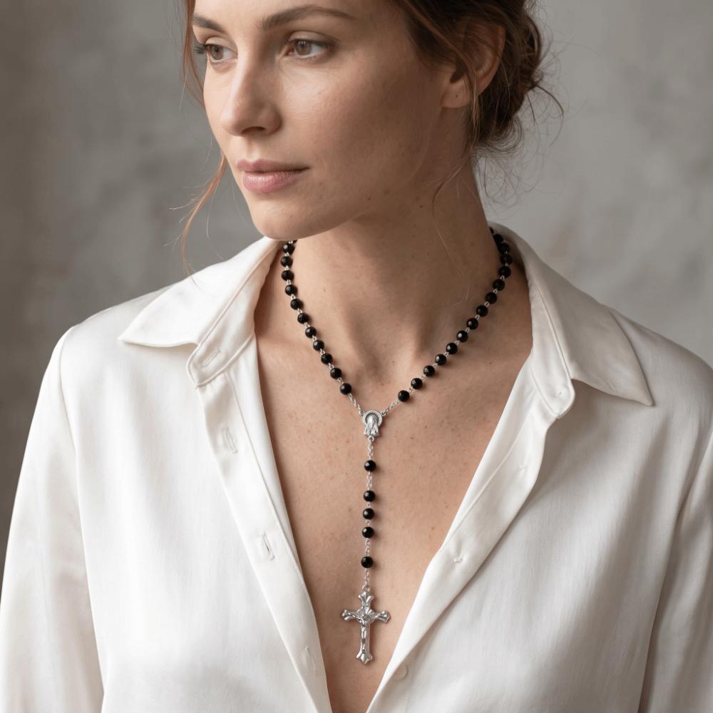 8mm Beads Cross Pendant Necklace Long Chain Crucifix Pendant Chain Jewelry Accessories