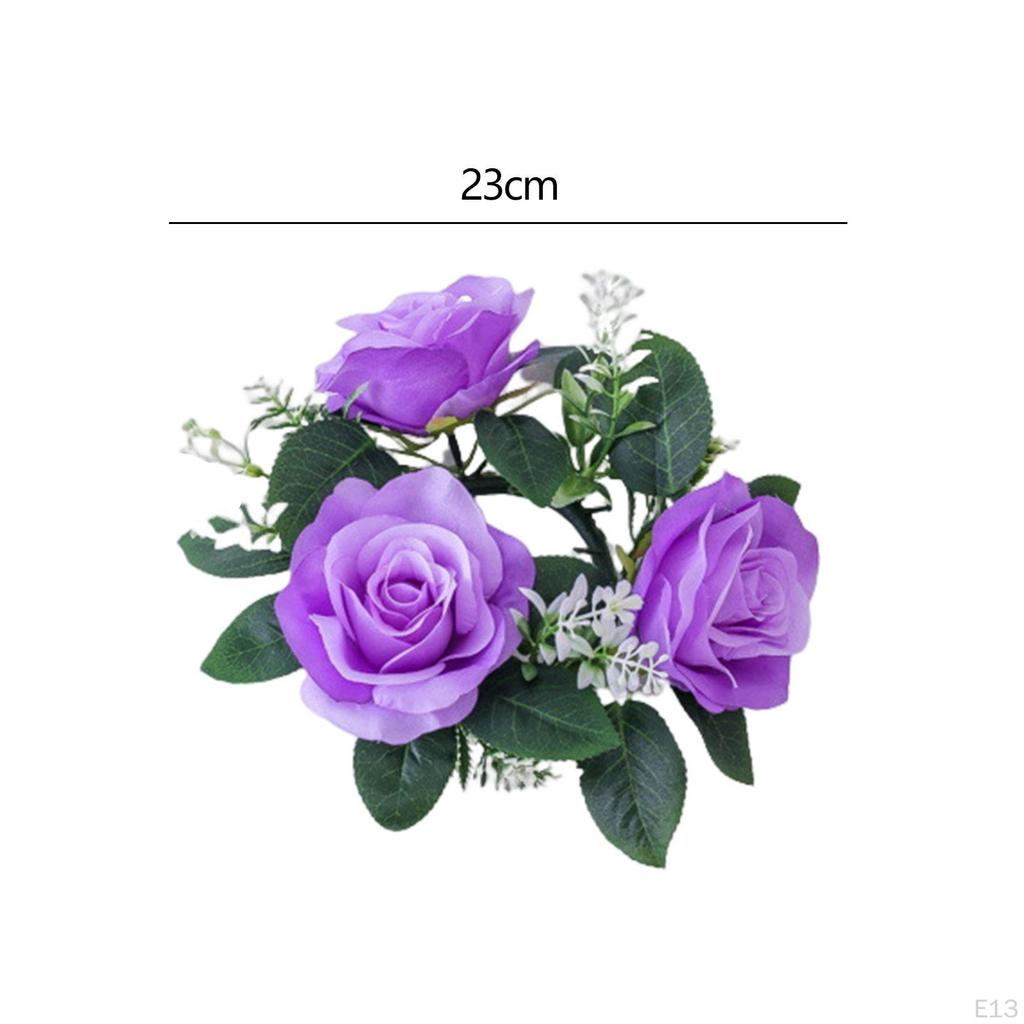 Artificial Roses Candle Rings Small Wreath Pillar Holder 23cm Flower Garland for Christmas