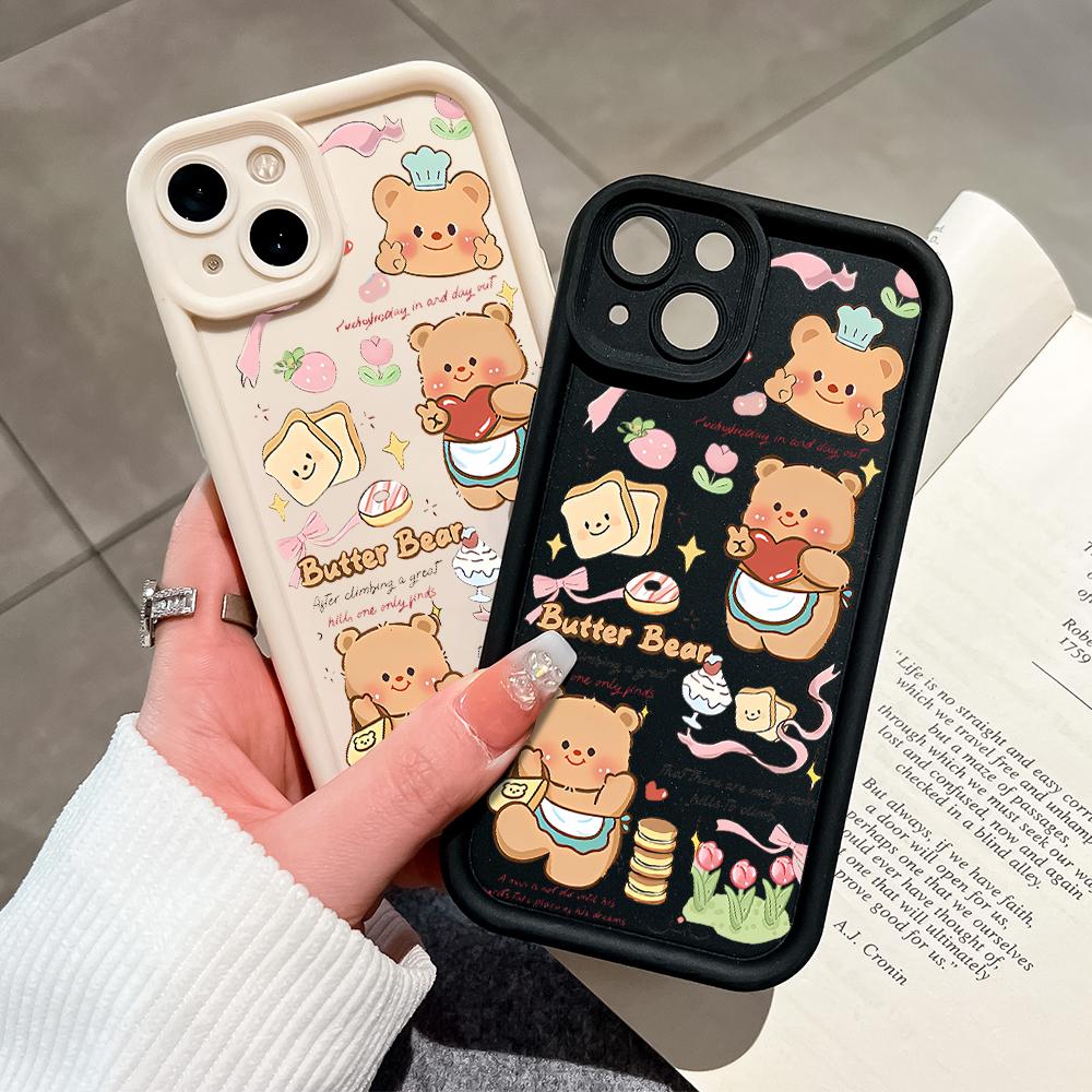 Для iPhone 16 15 Pro Max Redmi Note 13 12 11 Pro Samsung S23 FE S24 Plus S24 Ultra A52 A72 A54 мягкий силиконовый квадратный чехол для телефона с милым мультяшным медведем