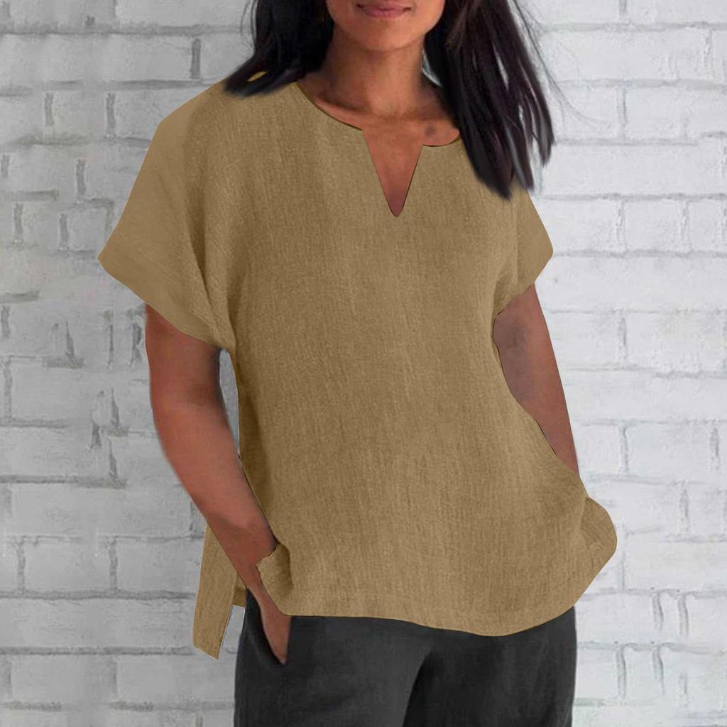 Women's Fashion Short Sleeve V-Neck Solid Colour Loose Casual Shirt Cotton Blouse