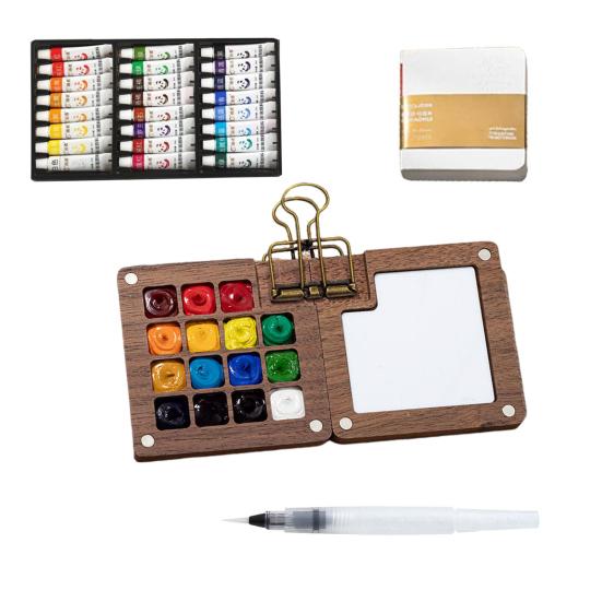 Mini Watercolor Kit Travel Watercolor Paint Set with Sketchbook Binder Clip Pen Portable Watercolor Palette with 12/24 Color Paints for Beginners