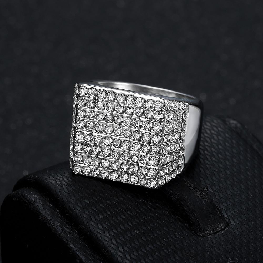 Hot Selling Hip Hop Jewelry Titanium Steel Gold Plated Square Full Diamond Ring