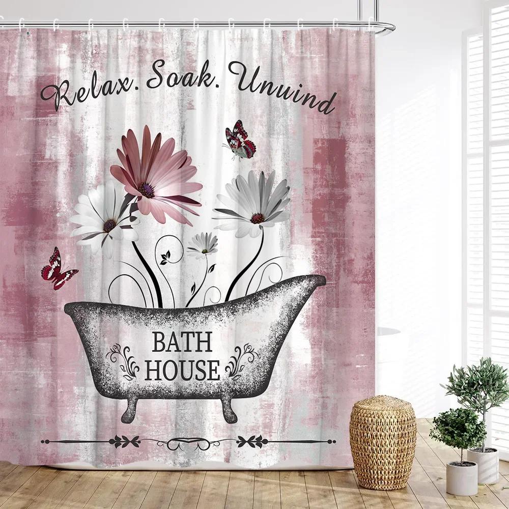 Floral Shower Curtain, Farm Daisy Dragonfly Rustic Wood Paneling Inspirational Quotes Butterfly Turquoise Home Bathroom Decor