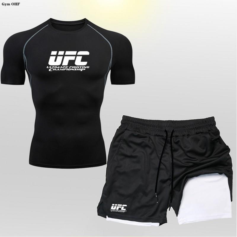Mens 2-Piece Boxing Training Set - Quick-Dry T-Shirt Double-Layer Shorts MMA Kickboxing Gym Workouts