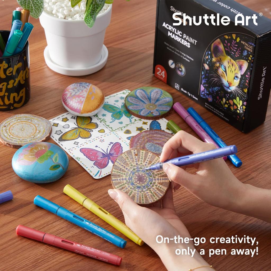 Shuttle Art Acrylic Marker Direct Ink Type Metallic Color Pens with Brush Paint Suitable for and Includes Storage Perfect for Art and 24-Color Set