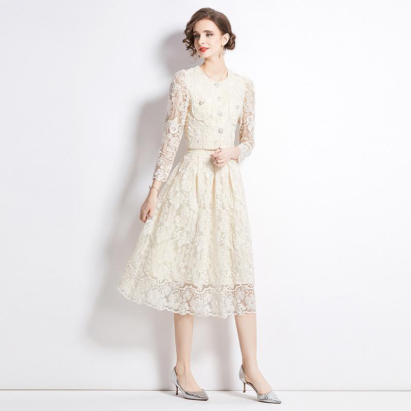 Женский комплект из двух предметов с цветочной вышивкой, женский костюм, элегантная рубашка с длинным рукавом, юбка средней длины, комплект из 2 предметов