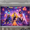 A 2D planar network stage-style birthday party backdrop, featuring fashionable characters and a highly technological stage