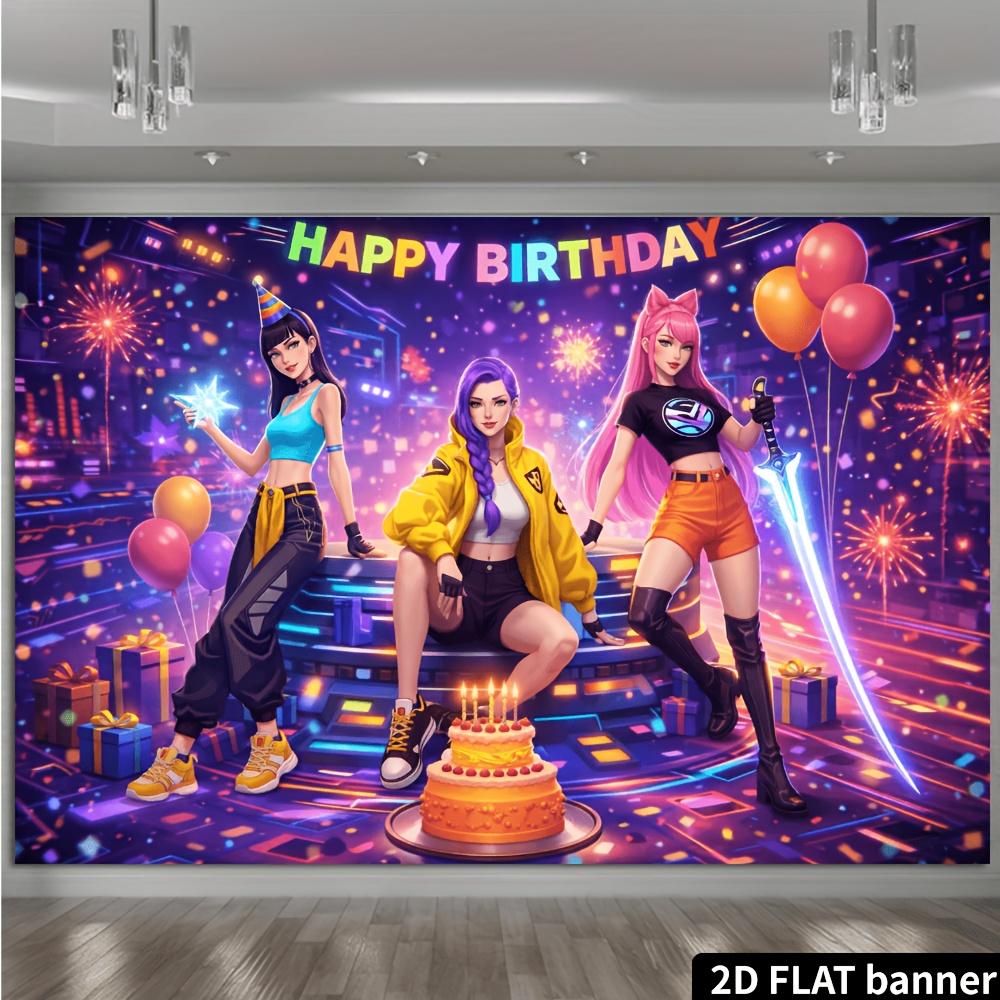 A 2D planar network stage-style birthday party backdrop, featuring fashionable characters and a highly technological stage