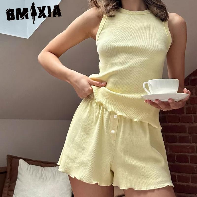 GMXIA Комплект пижамы на весну и лето, однотонный, удобный, майка и шорты, повседневная домашняя одежда, комплект из двух предметов