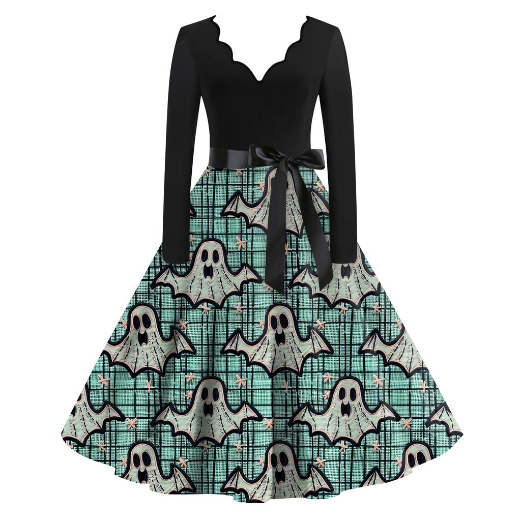 Женская повседневная мода с длинным рукавом Хэллоуин принт винтажные длинные платья осень