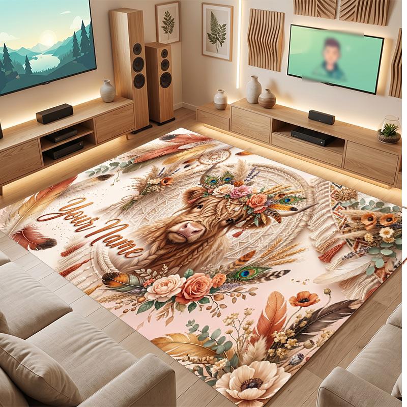 Highland Cow Theme Soft Crystal Velvet Rug Custom Name & Text Print Non Slip Floor Rug for Bedroom Living Room