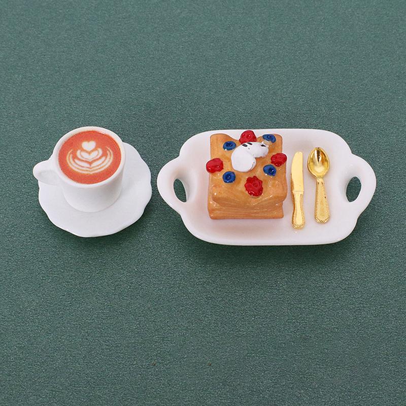 1 Set 1:12 Dollhouse Miniature Coffee Cup Cake Dessert Fork Spoon With Dinner Plate Kitchen Model Micro Landscape Decoration Toy