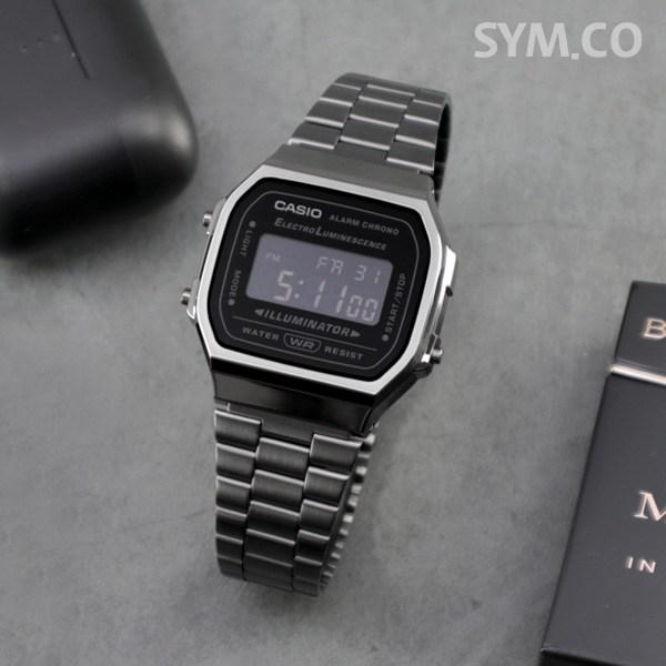 Casio Винтажные цифровые часы с бесплатной пряжкой для публики 168, хромированные, черные