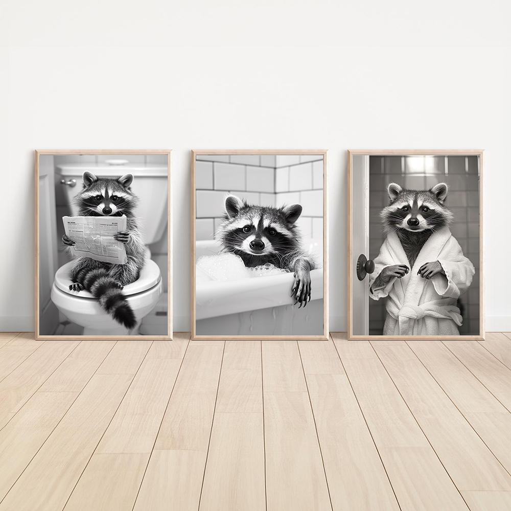 Милый енот сидит на унитазе, чистит зубы и кладет бумагу на голову, рисуя на холсте, забавные картины на холсте для туалета, декор ванной комнаты