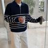 Men's Retro Striped Polo Sweater: Autumn Casual, Loose Fit, Long-Sleeve, Half-Zip Lapel Design.