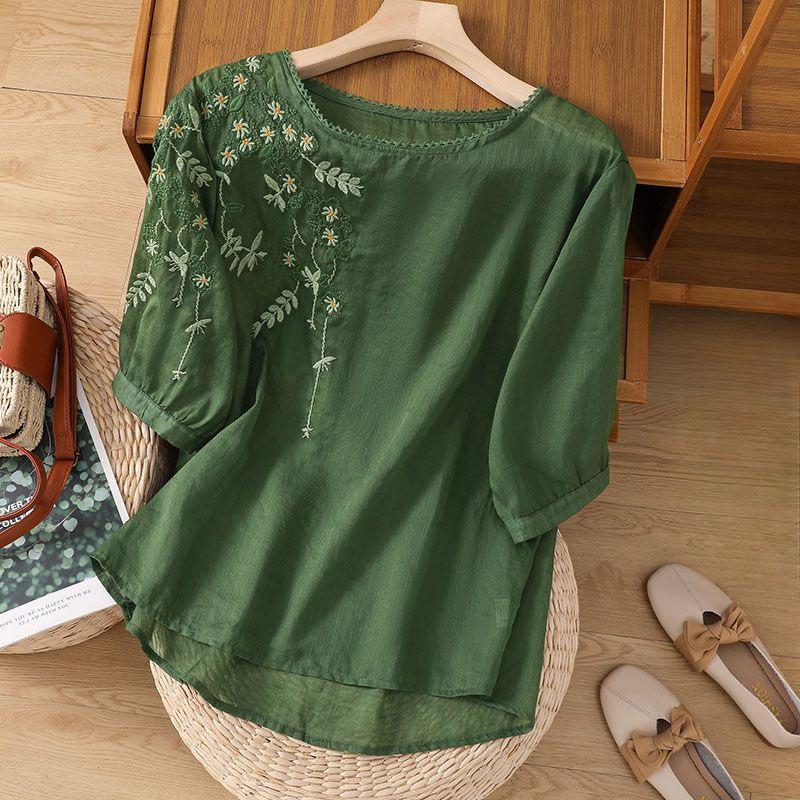 Большая ретро-художественная хлопковая льняная вышитая футболка для женщин на лето, свободный утягивающий топ с короткими рукавами и круглым вырезом