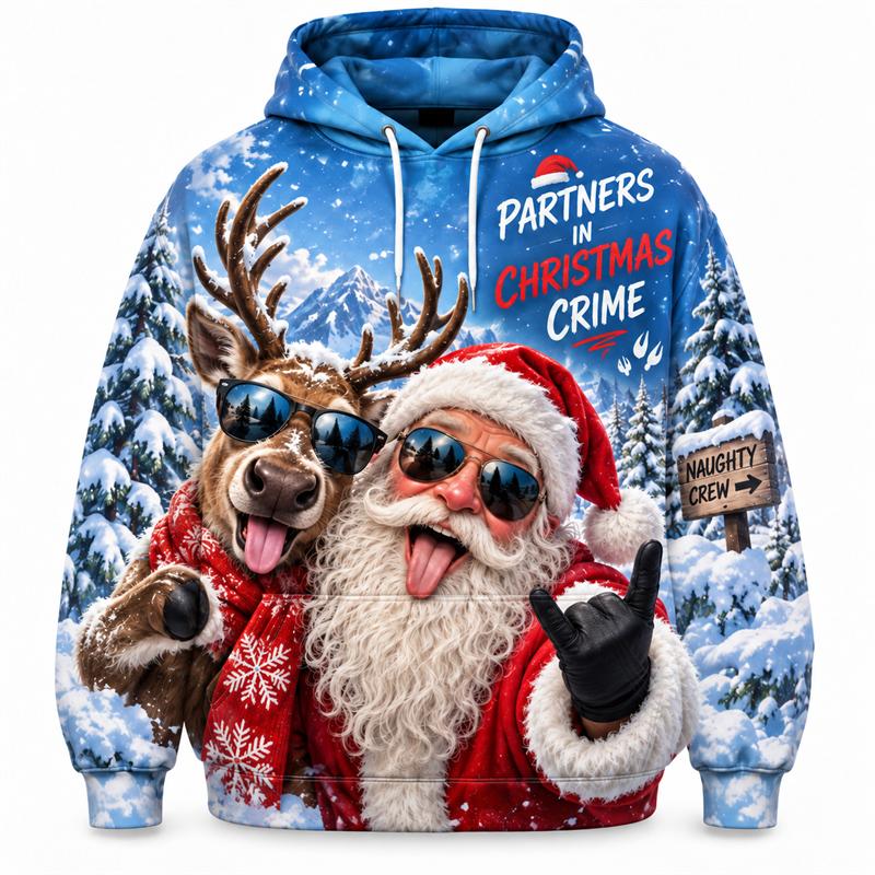 Funny Santa Reindeer Dinosaur DJ Gym Unisex 3D Print Christmas Hoodie, Winter Streetwear Party Pullover Sweatshirt for Men and Women