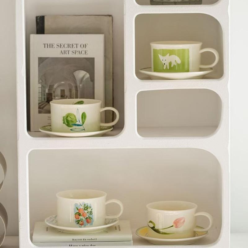 Medieval Style Wide Mouth Ceramic Coffee Cup Saucer Retro Fox Creative Fruit Afternoon Tea Teacup High Value Latte Cup