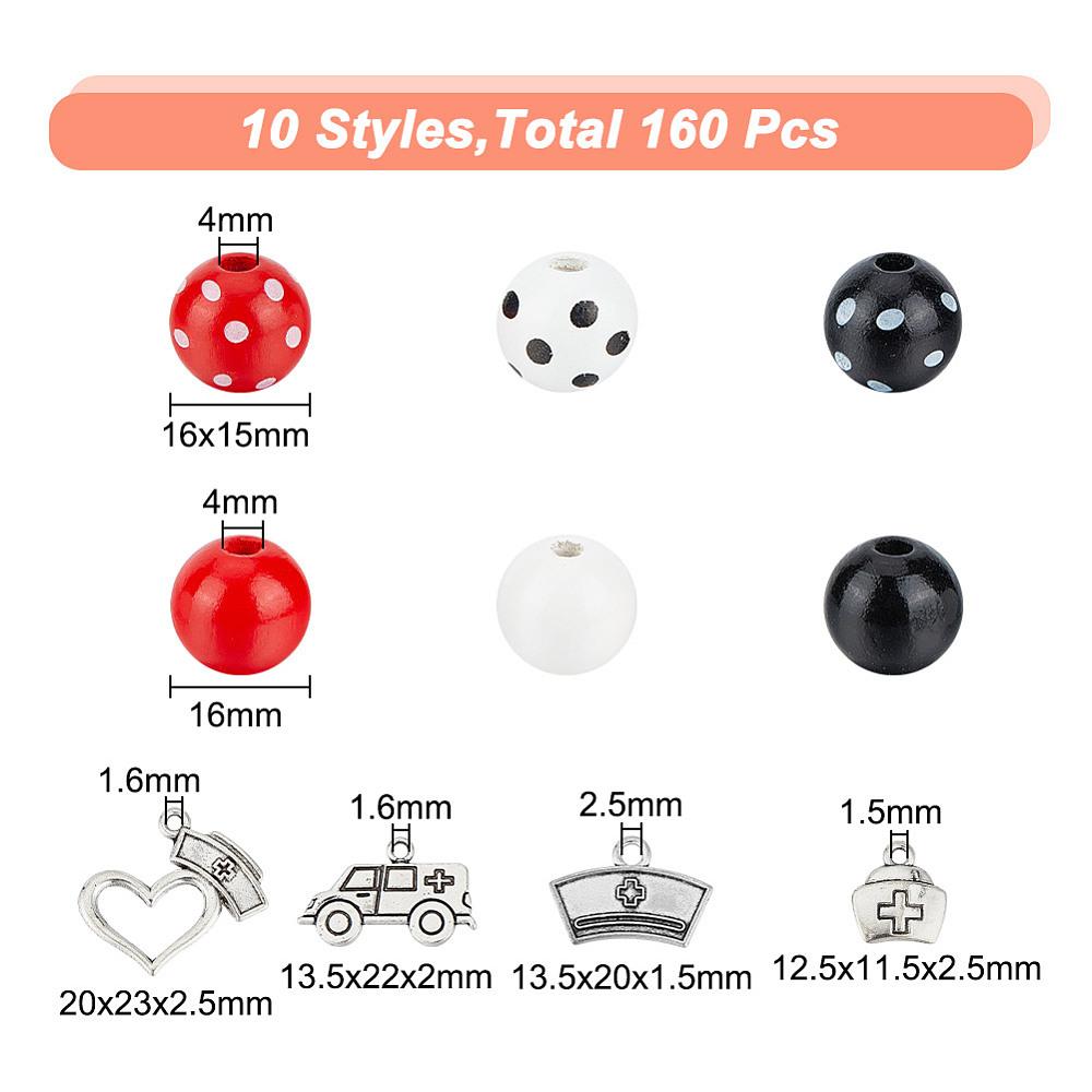 1box Nurse's Day Theme Jewelry Making Finding Kit Including Wooden Round Beads Alloy Pendants Heart & Ambulance & Cap Mixed color 160pcs/box