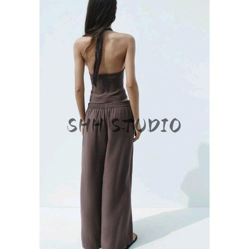 Summer New Product Women's Clothes French Pleated Design Drape Fabric Mid Waist Wide Leg Casual Trousers 8338504