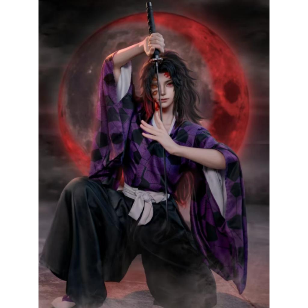 Demon Slayer Kokushibo Cosplay Costume Wig Anime Purple Kimono Tsugikuni Michikatsu Party Halloween RolePlay Carnaval Outfits