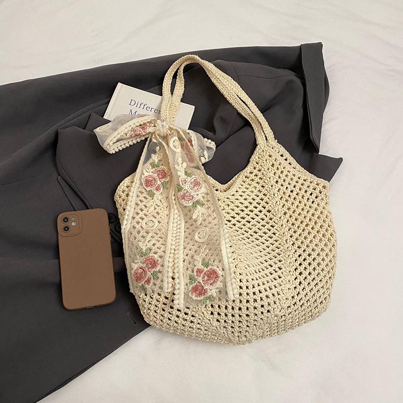 Solid Color Crochet Tote Handbag Summer Beach Scarf Decor Fashion Women's Mesh Woven Shoulder Bags Large Capacity Knitting Underarm Bag CLE