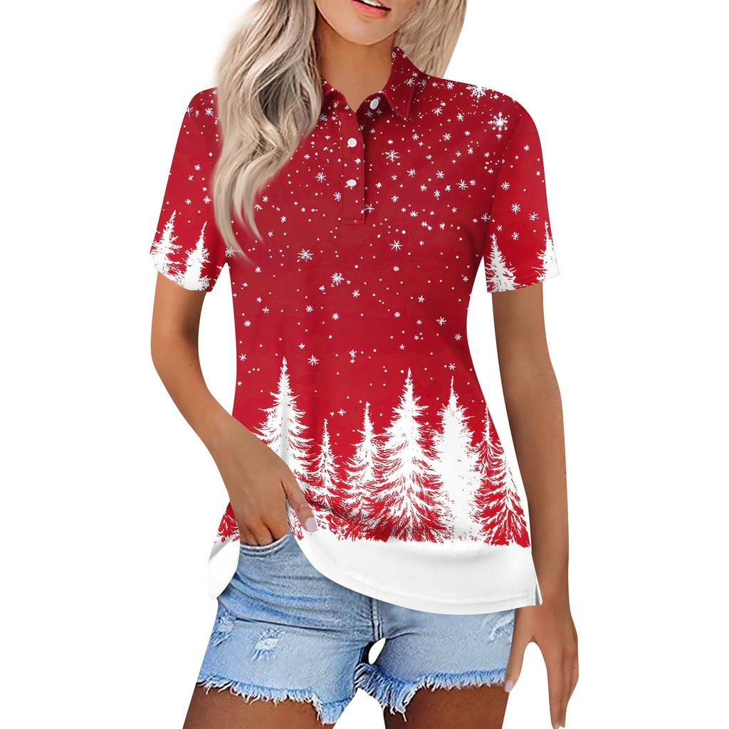 Женская модная повседневная рубашка с лацканами и короткими рукавами с рождественским принтом, женские топы на пуговицах
