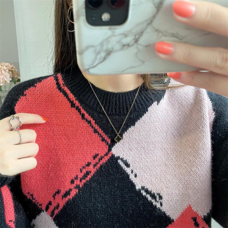 Винтажный свитер большого размера с круглым вырезом и круглым вырезом, свободные осенние свитера для женщин, корейский модный свитер с длинными рукавами