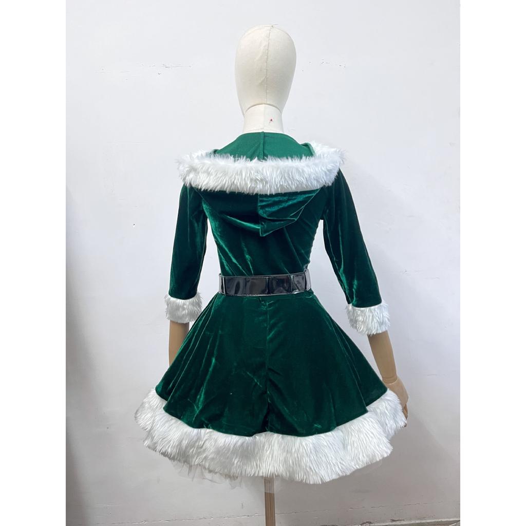 Рождественский костюм Санты для женщин, карнавальный набор, с капюшоном и V-образным вырезом (Красный зеленый), Сексуальное праздничное платье для острой девушки с поясом