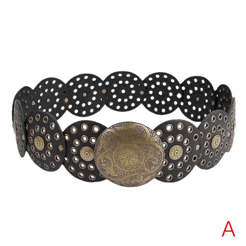 Широкий пояс Boho Disc для женщин, винтажный, из искусственной кожи, полые, в стиле вестерн, ковбойские ремни с металлической пряжкой, увеличенный круглый пояс