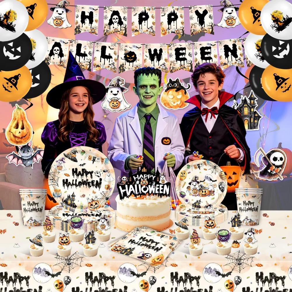 Ghost Pumpkin Halloween Disposable Party Tableware Set Horror Banner Decorative Paper Plate Tablecloth Home Decoration Supplies