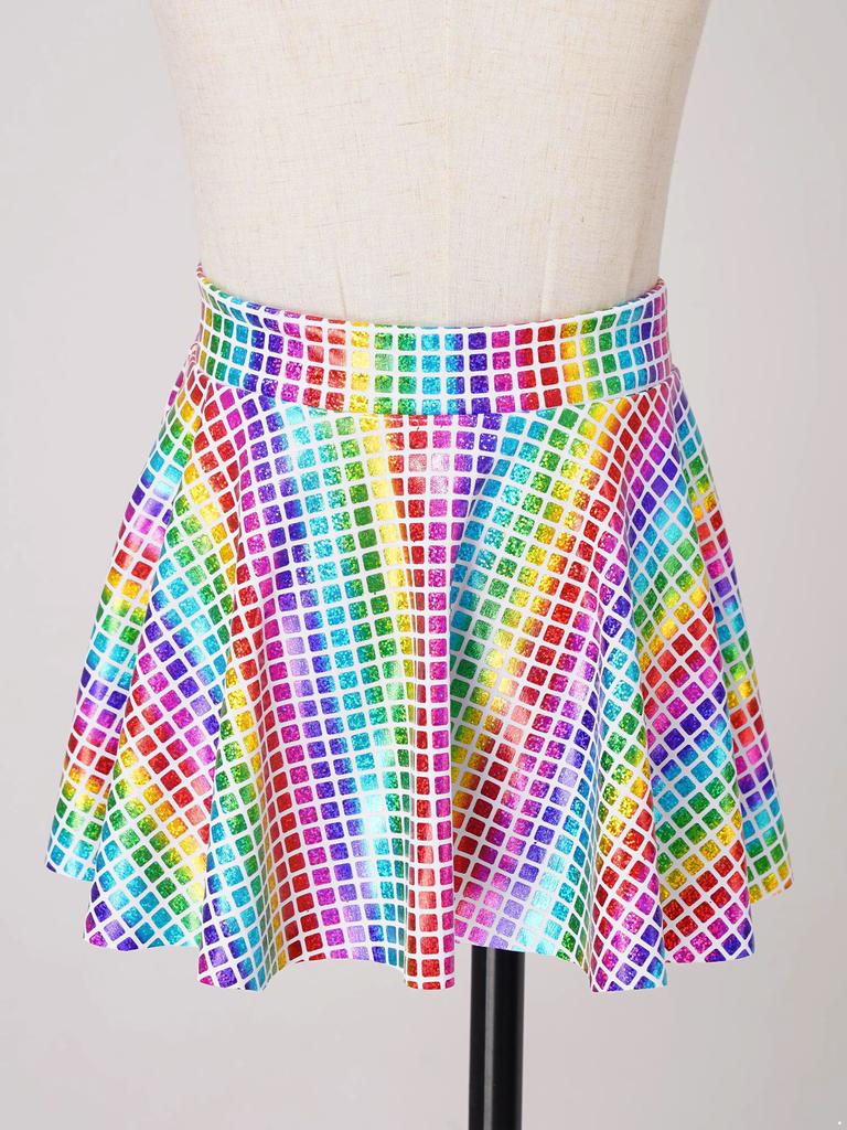 Girls Skirt Elastic Waistband Ruffled Shiny Plaid Sequins Clubwear Mini Skirts for Cheerleading Music Festival Rave Costume