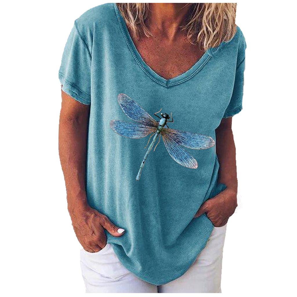 Women's Fashion Casual Loose V-Neck Printed Short Sleeve T-Shirt Top