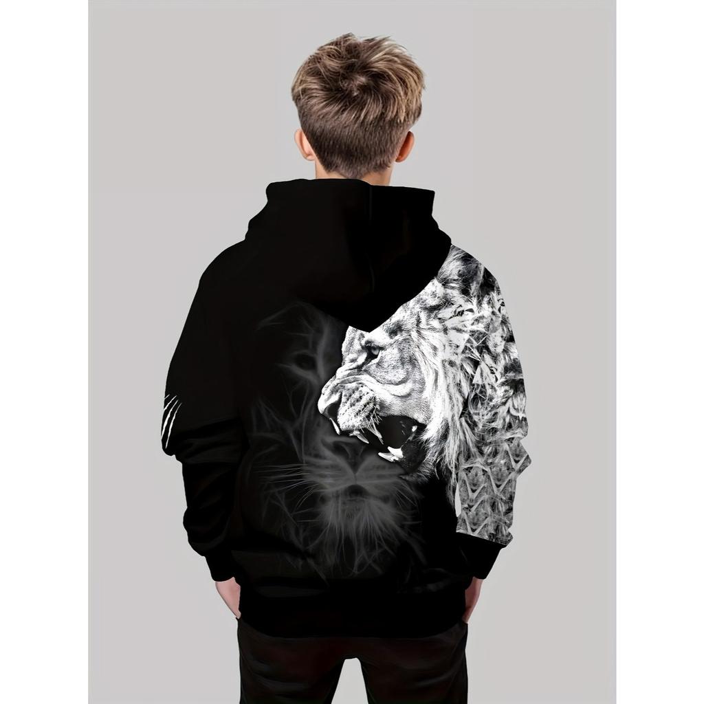 Толстовка с капюшоном для мальчиков с 3D-принтом - пуловер с контрастным черно-белым узором, толстовка для улицы с длинным рукавом