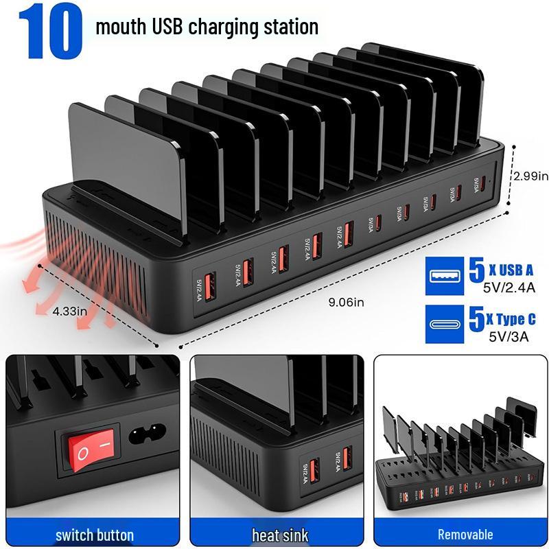 10-Port USB PD Charging Station with Storage Rack for Tablets & Phones
