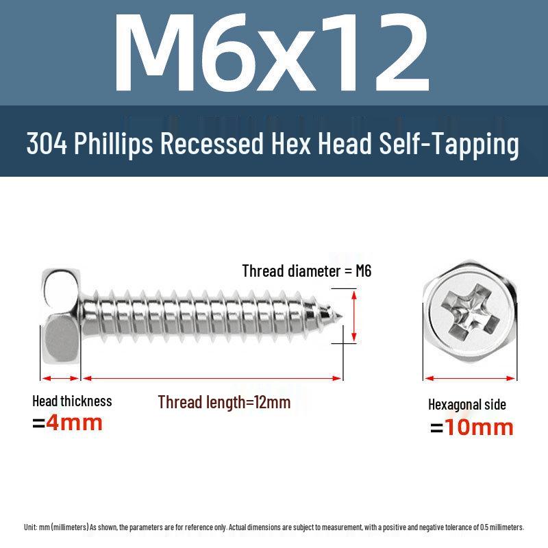 Yigu 304 Stainless Steel Phillips Recessed Hex and Slotted Self-Tapping Screws for Wood, M3-M8