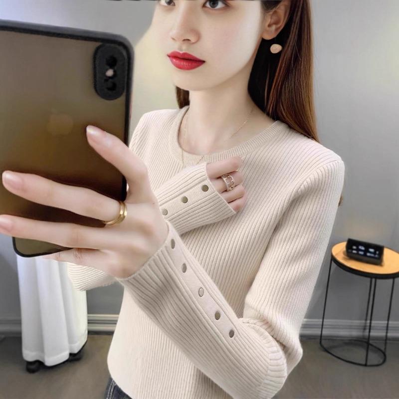 Knitted Bottoming Shirt Women's New Slim-fitting and Thin Solid Color Round Neck Pullover Top