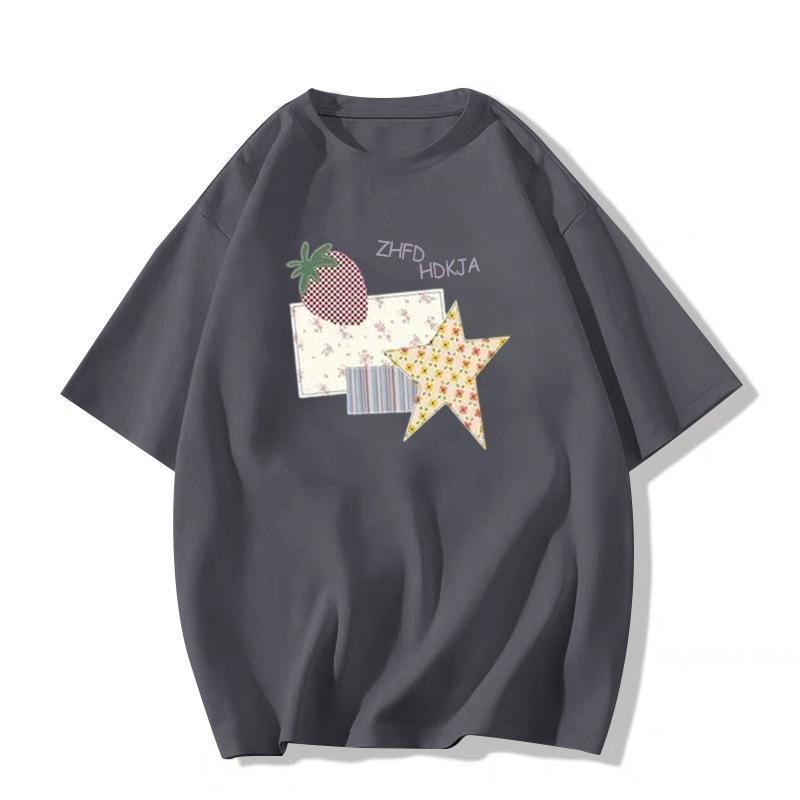 catty pure cotton American retro small man front shoulder short-sleeved t-shirt women's summer loose lazy half-sleeved t-shirt top