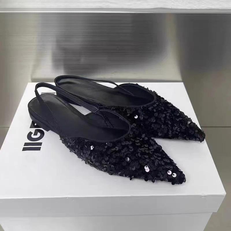 Мода 2025 Новые Летние Женские Сандалии с Закрытым Носком Модные Туфли-Слипоны с Пайетками Женские Элегантные Вечерние Платья Балетки Сандалии